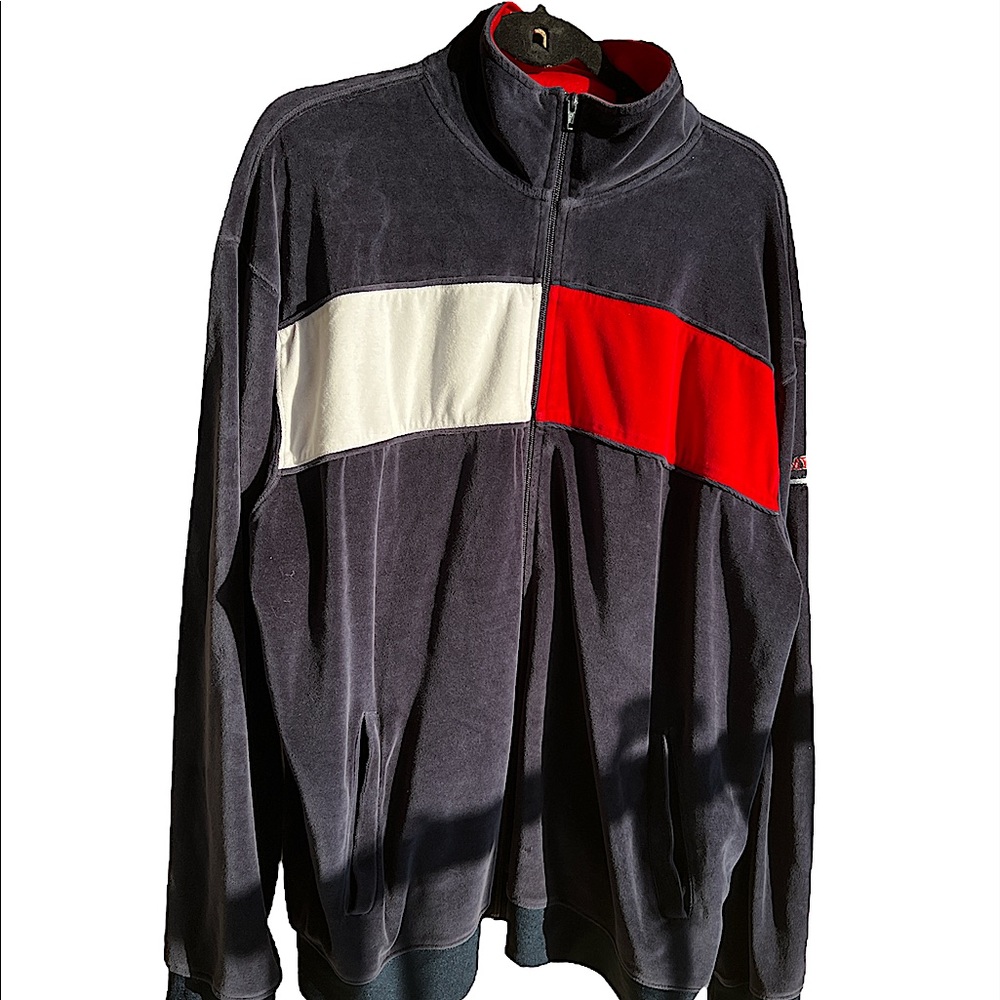 VTG TOMMY HILFIGER VELVET/VELOUR "BIG
FLAG" LOGO TRACK JACKET BLUE MENS XL 2002